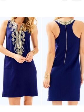LILLY PULITZER Carlotta Stretch Shift Dress True Navy and Gold Sz 00